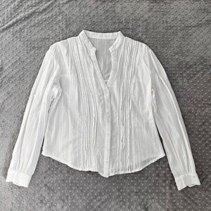 White Cotton Eyelet Pintucked Long Tab Sleeve Blouse Tunic Top Size M  This gorg